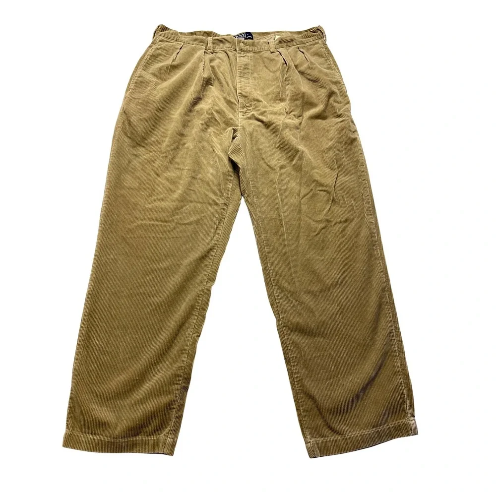 VTG Polo Ralph Lauren Corduroy Pleated Pants Tan Khaki Mens Size 38 x 30 Y2K